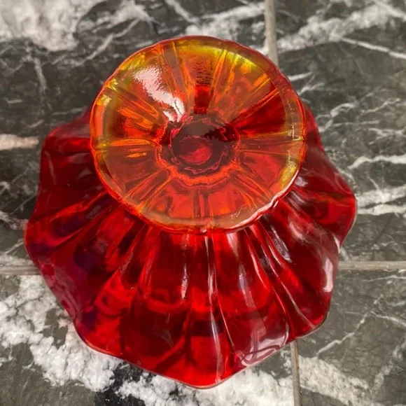Vintage Glass Amberina Red Yellow 9 Petal Pedestal Compote/Bon Bon Candy Bowl. - Picture 5 of 8
